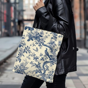 Toile De Jouy Tote Bag, Vintage Floral Tote, French Toile Bag, Elegant Blue and White Tote, Classic Pattern Tote, Cottagecore Bag