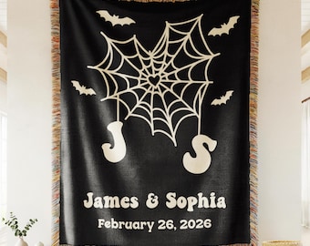 Personalized Gothic Spider Web Blanket, Custom Couple Woven Throw, Spooky Anniversary Gift