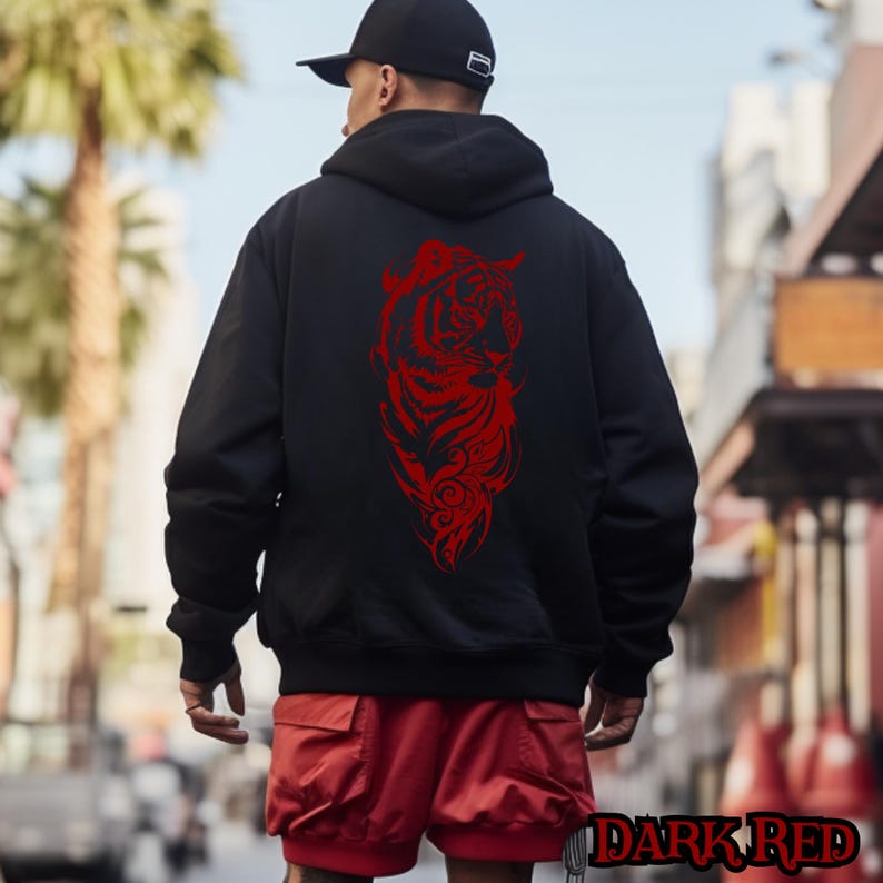 Tribal Tiger Hoodie, Tiger Tattoo Graphic Pullover, Y2K Streetwear Sweatshirt for Wildlife Lovers Dark Red