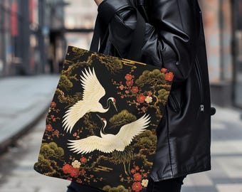 Japanese Crane Tote Bag with Traditional Floral Art
