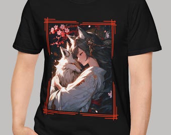 Anime Girl Kitsune T-Shirt, Foxgirl Art Tee, Kawaii Otaku Clothing, Japanese Fox Spirit Shirt, Fantasy Waifu Streetwear