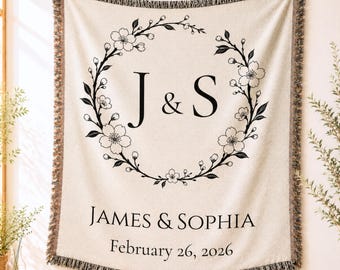 Personalized Cherry Blossom Woven Blanket, Custom Monogram Throw, Wedding Anniversary Gift