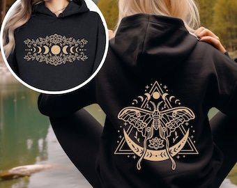 Luna Moth Hoodie, Celestial Moon Phase Witchcore Pullover