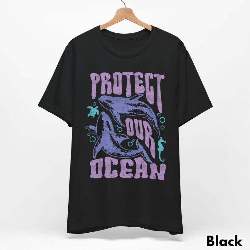 Maglietta con grafica di orca, maglietta retrò a tema vita marina, abbigliamento per la conservazione degli oceani Black