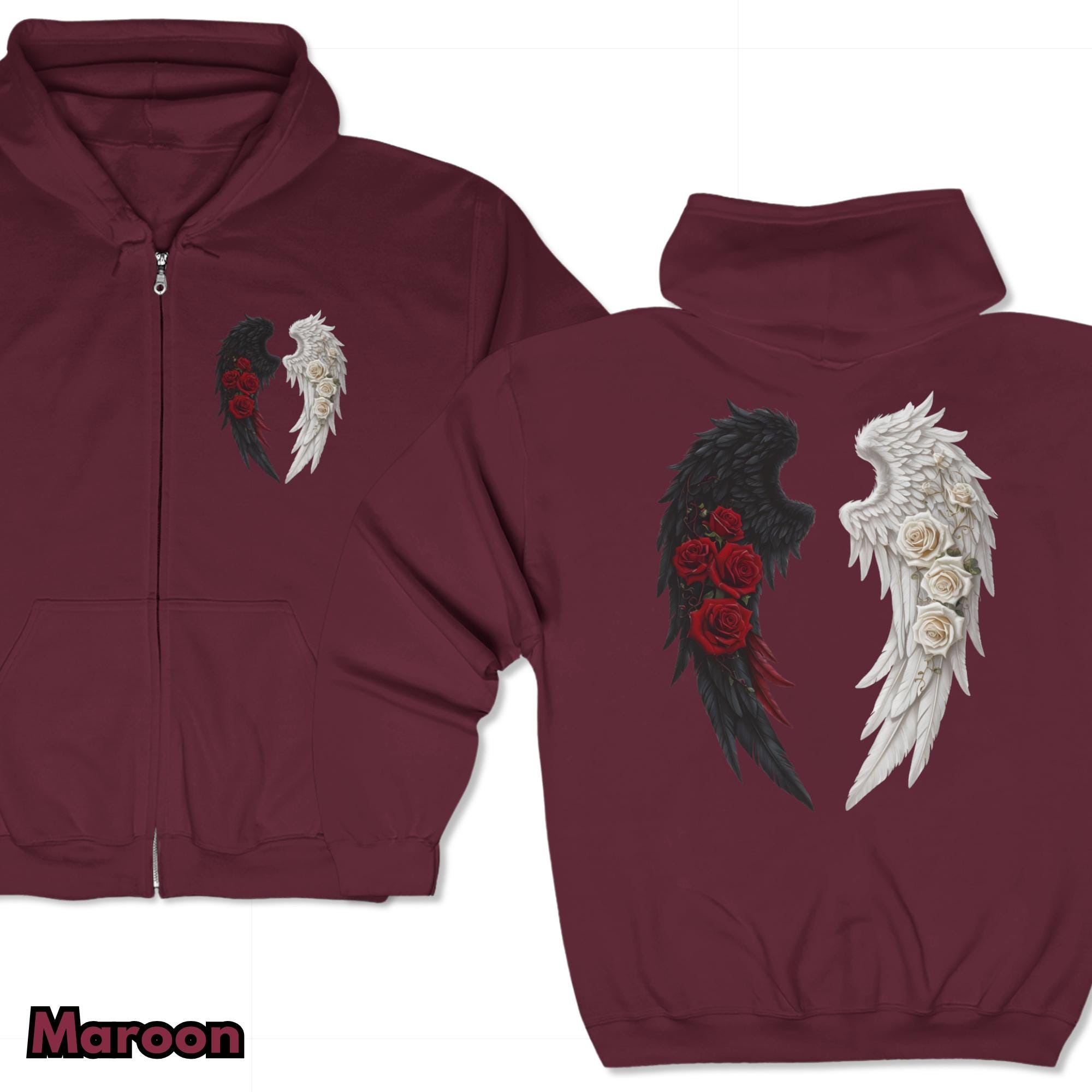 Angel Wings Zip Hoodie, Gothic Rose Art, Alternative Fashion
