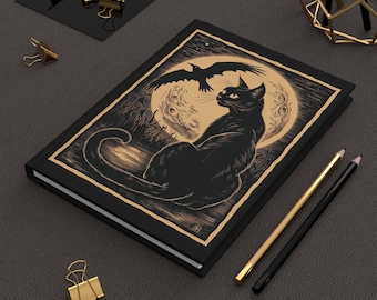 Moonlit Black Cat Journal - Gothic Raven Notebook - Whimsigoth Style Diary, Dark Cottagecore Hardcover, Witchy Vintage Cat, Dark Academia