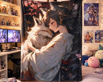 Anime Kitsune Blanket, Japanese Fox Spirit Design with Anime Girl and Cherry Blossom, Fantasy Otaku Room Decor, Gift for Anime Lovers