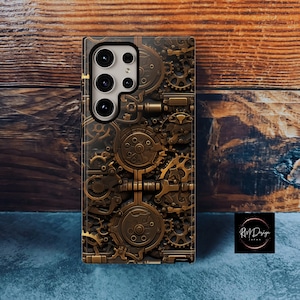 May include: A phone case with a steampunk design featuring intricate gears and cogs in shades of gold and brown.