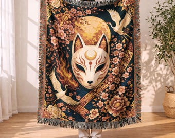 Japanese Kitsune Mask Blanket, Fox Mask Throw, Sakura Crane Japanese Art Blanket, Dark Academia Home Decor