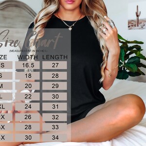 May include: Size chart for a garment with measurements in inches. The chart shows the width and length of the garment in different sizes, from XS to 4X.
