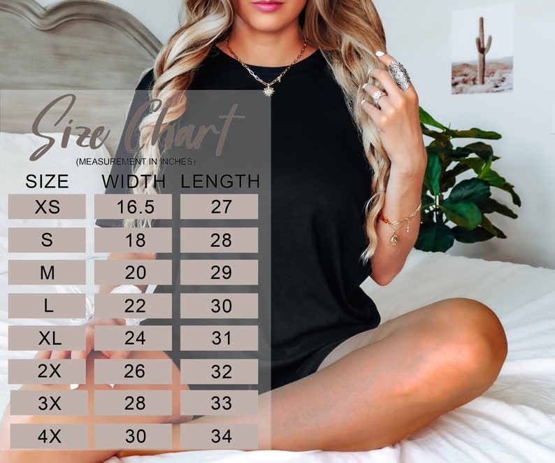 May include: Size chart for a garment with measurements in inches. The chart shows the width and length of the garment in different sizes, from XS to 4X.
