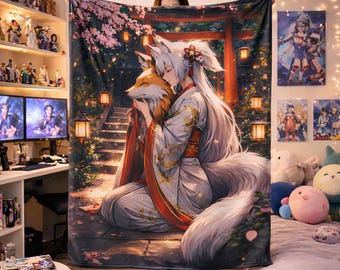 Kitsune Anime Blanket, Fox Spirit Anime Girl Blanket, Japanese Shrine Sakura Throw, Anime Room Decor, Otaku Fantasy Gift