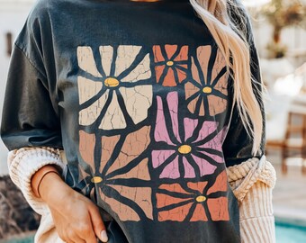 Retro abstraktes Blumenhemd, Boho Flower Power T-Shirt, Vintage botanischer Stil
