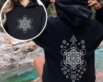 Sudadera con capucha de geometría sagrada, arte del cubo de Metatrón, diseño de la flor de la vida, símbolo espiritual, estilo esotérico.