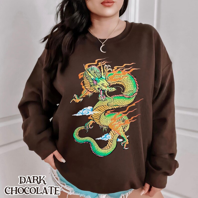 K&ouml;nnte beinhalten: Ein braunes Sweatshirt mit einem grafischen Aufdruck eines gr&uuml;nen und gelben Drachen mit orangefarbenen Flammen. Der Drache ist von wei&szlig;en Wolken umgeben.