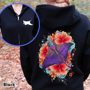 Manta Ray Zip Hoodie, Stingray Hoodie, Ocean Lover Sweatshirt, Tropical Vibes Jacket, Hibiscus Flower Hoodie, Boho Ocean Design