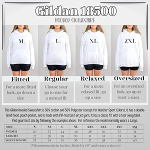 Pode incluir: Uma tabela de tamanhos para sweatshirts com capuz Gildan 18500, mostrando os diferentes tamanhos e ajustes dispon&iacute;veis: Ajustado, Regular, Relaxado e Oversized. A tabela inclui medidas em polegadas para a largura, o comprimento e o comprimento da manga. A modelo tem 1,73 m de altura e usa o tamanho 10.