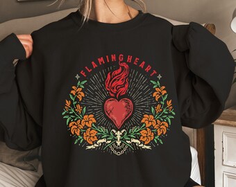 Flaming Heart Sweatshirt, Gothic Graphic Crewneck, Alternative Pullover