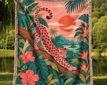 Stretching Leopard Woven Blanket, Tropical Jungle Throw, Botanical Animal Tapestry