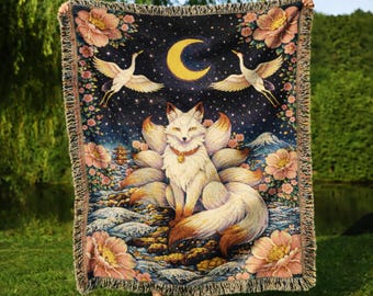Nine Tailed Fox Woven Blanket, Kitsune Tapestry Throw, Japanese Mythology Yokai Art, Celestial Fox Decor, Anime Inspired Textile