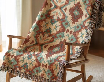 Geometric Woven Blanket, Boho Stepped Diamond Throw, Eclectic Home Decor
