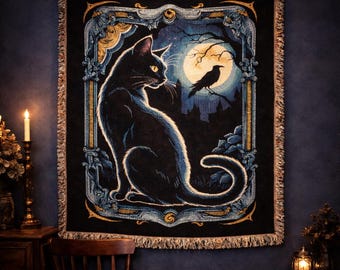 Black Cat Woven Blanket, Gothic Moon Cat Design with Dark Academia Night Scene, Witchy Home Decor, Unique Gift for Cat Lovers