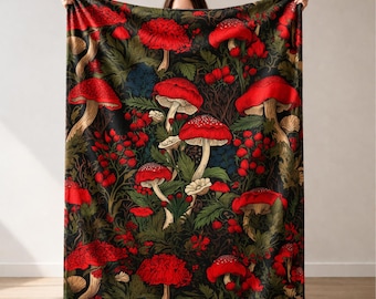Red Mushroom Plush Blanket, Witchy Cottagecore Throw, Dark Botanical Forest Aesthetic, Soft Cozy Velveteen Blanket, Amanita Mushroom Blanket