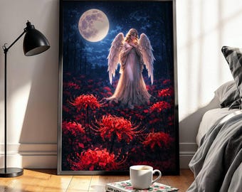 Red Spider Lily Angel Poster, Gothic Angel Wall Art, Dark Fantasy Moon Art Print, Celestial Romantic Decor, Moody Gothic Home Decor