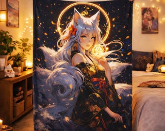 Anime Girl Blanket, Kitsune Fox Spirit Throw, Mystical Fantasy Plush Blanket, Waifu Anime Bedroom Room Decor Gift