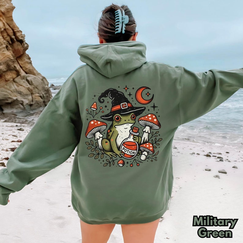 Witch Frog Hoodie, Cottagecore Mushroom Frog Graphic Sweatshirt, Fairycore Forest Art Military Green