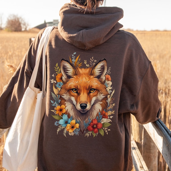 Floral Fox Hoodie, Gift For Fox Lover, Cute Fox Sweatshirt, Bontanical Fox Hoodie, Forestcore Hoodie, Botanical Forest Animals