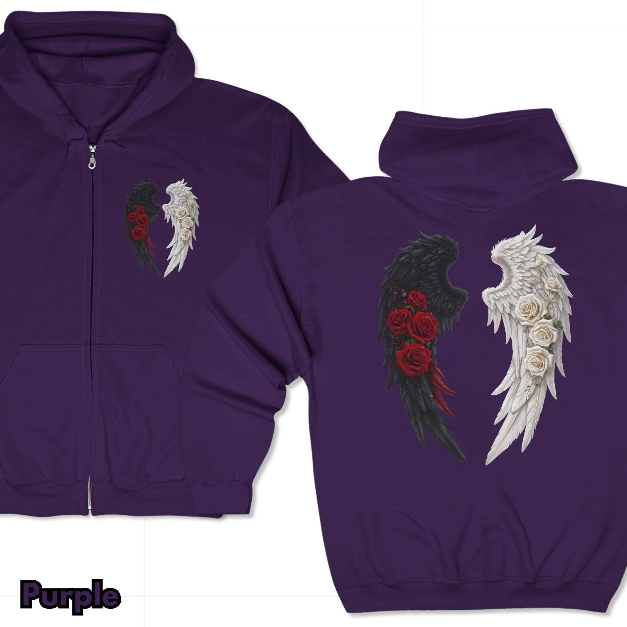 Angel Wings Full Zip Hoodie, Guardian and Fallen Angel Graphic Zip