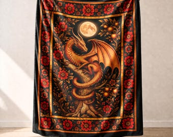 Medieval Dragon Blanket, Witchy Gothic Throw, Fantasy Velveteen Plush Blanket, Cottagecore Decor, Dark Academia Gift, Vintage Dragon Art