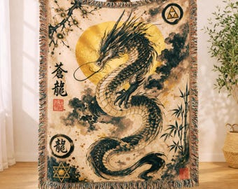 Japanese Dragon Blanket Woven Throw, Asian Mythical Dragon Decor for Living Room, Spiritual Zen Art, Unique Gothic Gift Idea