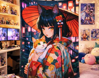 Anime Girl Throw Blanket, Catgirl Blanket, Japanese Kimono Fantasy Art, Kawaii Otaku Bedroom Decor, Waifu Aesthetic Gift