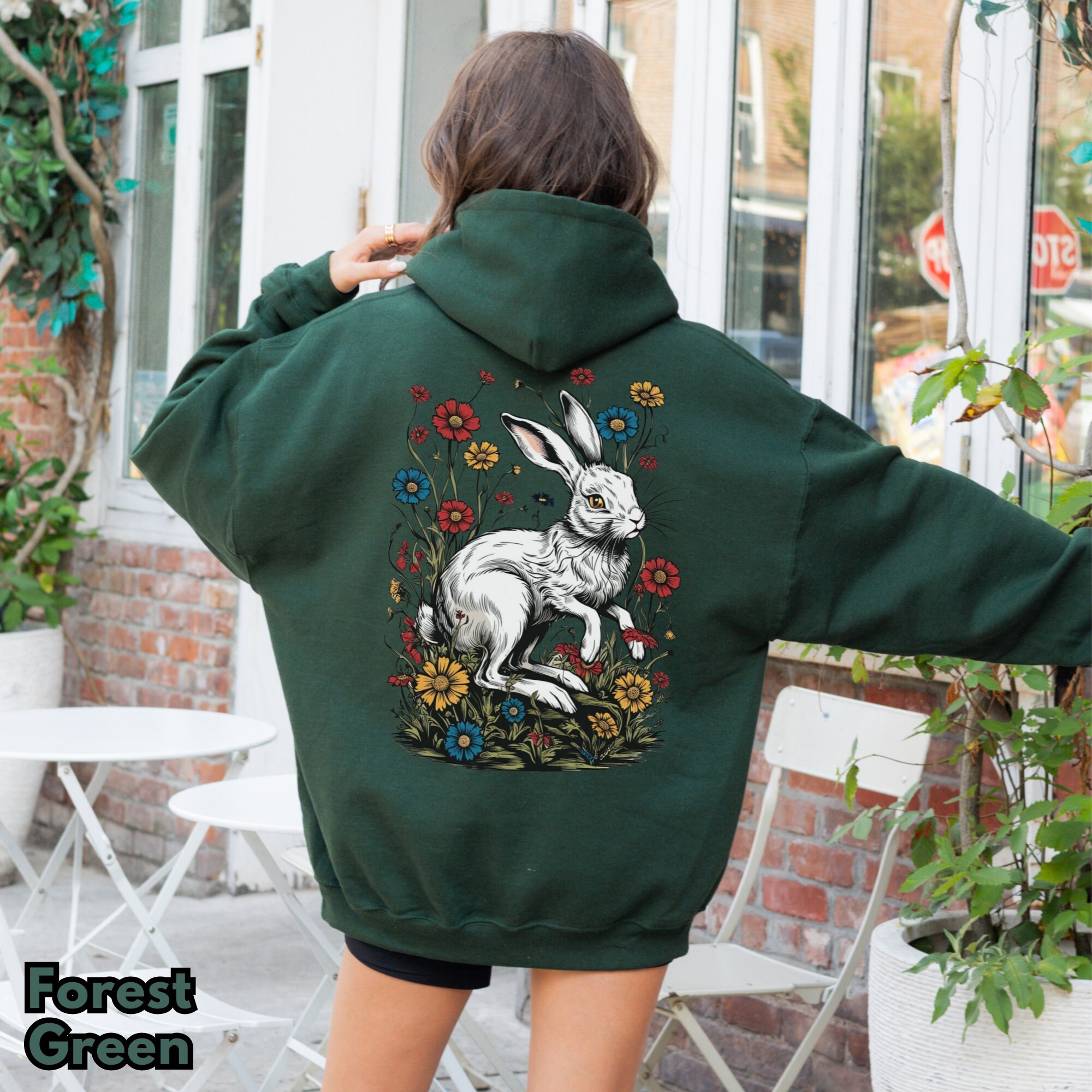 White Rabbit Hoodie, Bunny Floral Sweatshirt, Cottagecore Animal