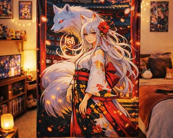 Anime Girl Kitsune Blanket, Fox Spirit Waifu Throw, Japanese Mythology Velveteen Plush Blanket, Otaku Bedroom Decor Gift