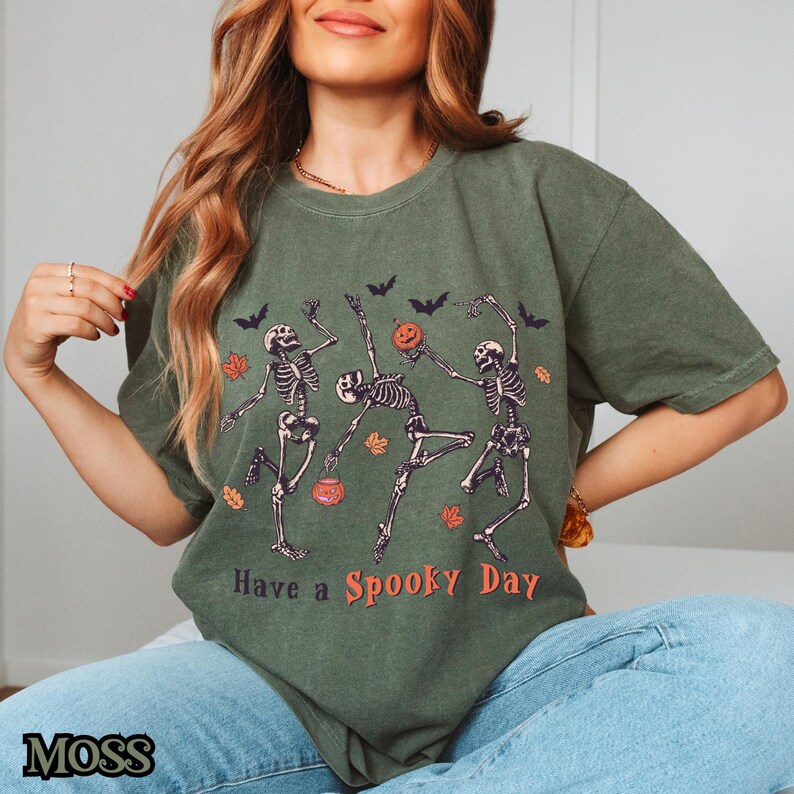 Have a Spooky Day Shirt, Dancing Skeleton Halloween Tee, Vintage Pumpkin Gift for Halloween Lovers Moss