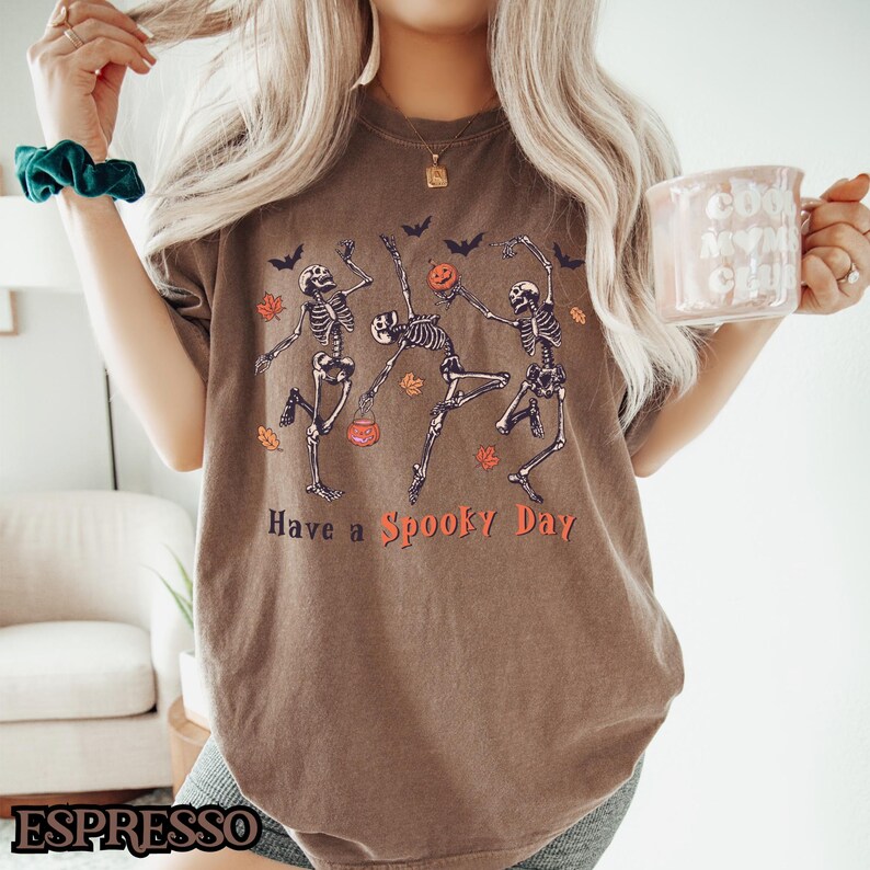 Have a Spooky Day Shirt, Dancing Skeleton Halloween Tee, Vintage Pumpkin Gift for Halloween Lovers Espresso