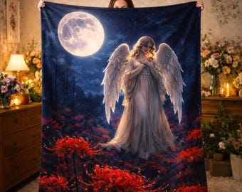 Red Lily Spider Guardian Angel Throw Blanket Gothic Dark Fantasy Moon Design Romantic Celestial Home Decor Gift