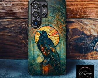 Gothic Raven Phone Case, Stained Glass Crow iPhone Case, Dark Academia Aesthetic, Witchy Gothic Samsung Galaxy Case