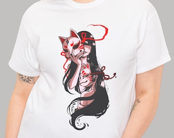 May include: White t-shirt featuring a graphic of a woman holding two fox masks. The illustration is in red, black, and white, with long black hair and red accents. The design has a Japanese anime style.