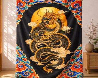 Japanese Dragon Velveteen Plush Blanket, Ryujin Mythology Throw, Asian Dragon Art, Black Gold Design, Cozy Home Decor Gift