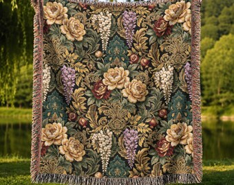 Vintage Floral Woven Blanket, Baroque Damask Tapestry Throw, Ornate Botanical Decor