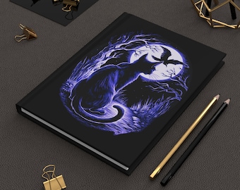 Black Cat Hardcover Journal, Moonlit Gothic Notebook with Celestial Cat Art for Witchy Gifts