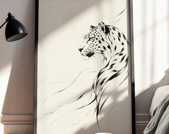 Japanese Sumi-e Leopard Line Art Print, Minimalist Big Cat Poster