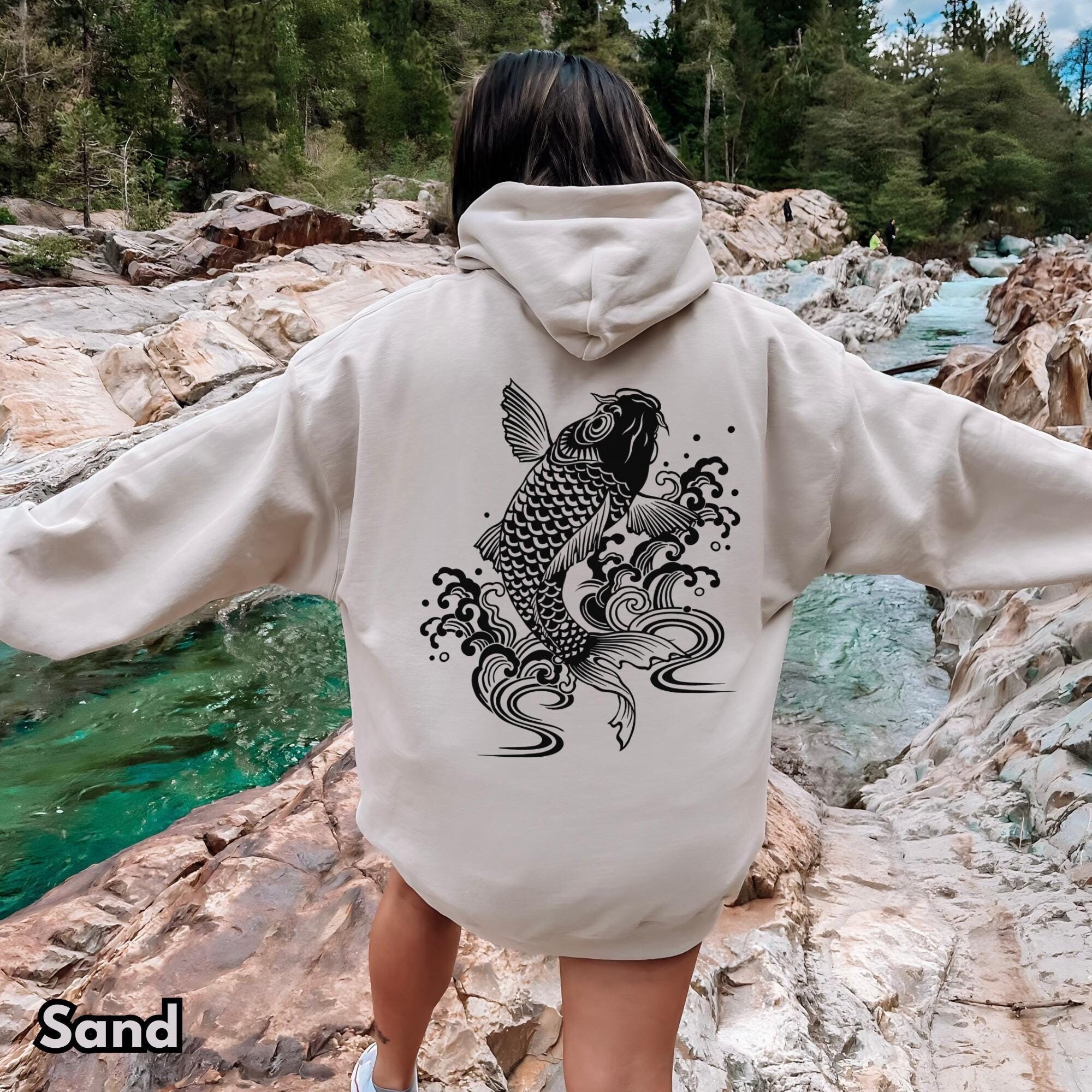 Koi Fish Hoodie, Japanese Traditional Art Hoodie With Rising Koi