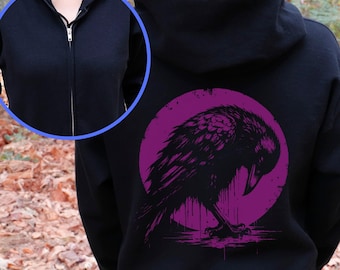 Gothic Raven Zip Hoodie, Moon Crow Dark Fantasy Art, Alternative Streetwear