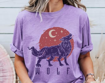 Lunar Wolf T-Shirt with Crescent Moon Art, Mystical Forest Wolf Graphic Tee