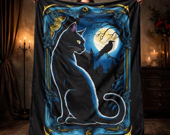 Black Cat Plush Blanket, Gothic Moon Velveteen Throw, Dark Academia Decor, Witchy Cat Blanket, Gothic Home Decor, Celestial Night Art